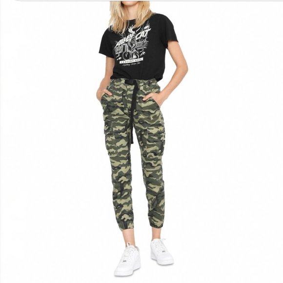PAM & GELA Cargo Pants Women Camouflage Elastic Cuffs Casual Pants Camo Green